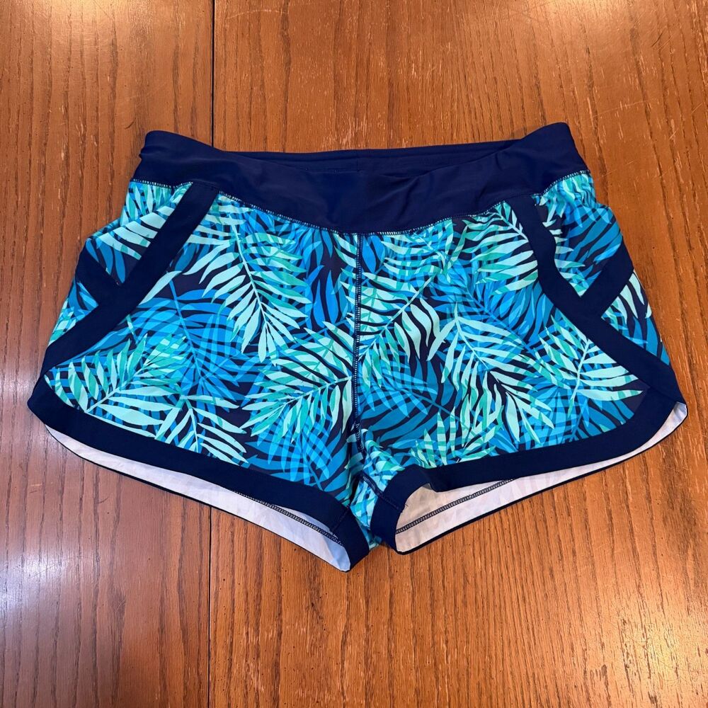 Lands' End Womens Swim Shorts Size 14 Blue Tropical Palm Print Swim Bottoms